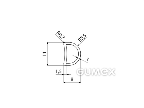 Silikonový profil tvaru "D" s dutinkou, 11x8/R5,5mm, 60°ShA, -60°C/+180°C, transparentní